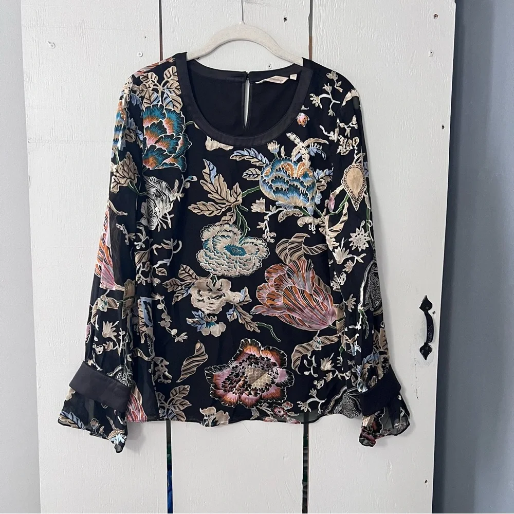 Soft Surroundings Deanna Floral Black Blouse Multifloral Medium - Picture 7 of 16